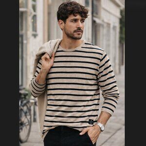 Scotch & Soda Linen Blend Striped Shirt XL Beige Black Long Sleeve Crewneck EUC